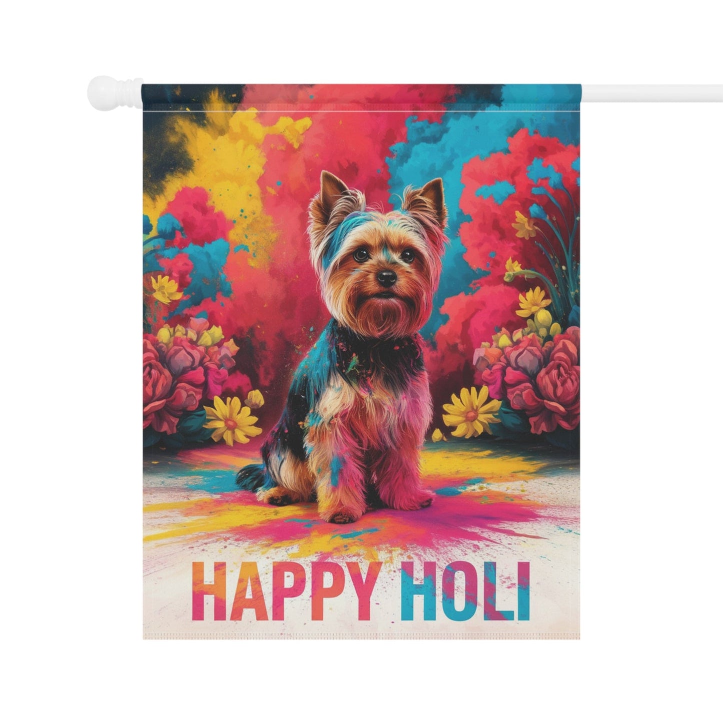 Printify Home Decor Yorkshire Terrier Holi Garden Flag, Indian Spring Festival, Dog Lovers Yard Outside Decor