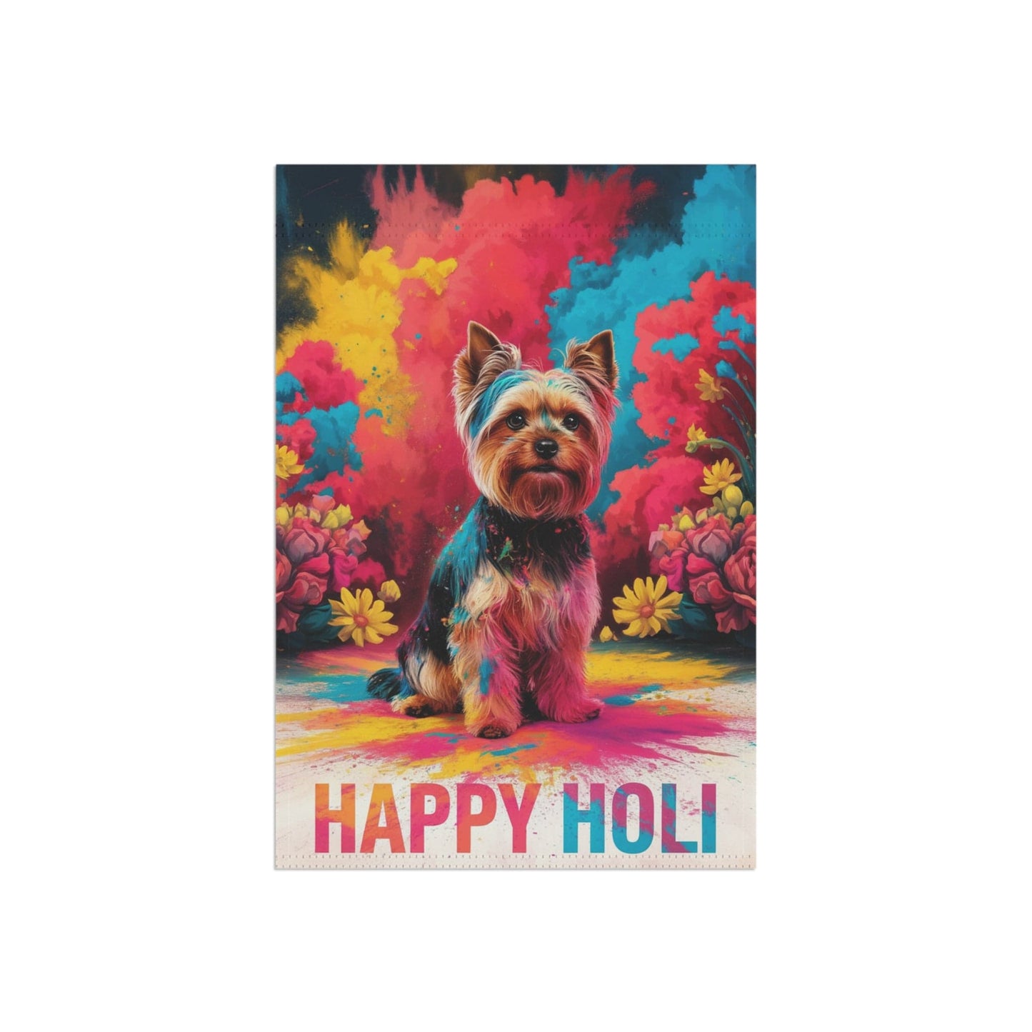 Printify Home Decor Yorkshire Terrier Holi Garden Flag, Indian Spring Festival, Dog Lovers Yard Outside Decor