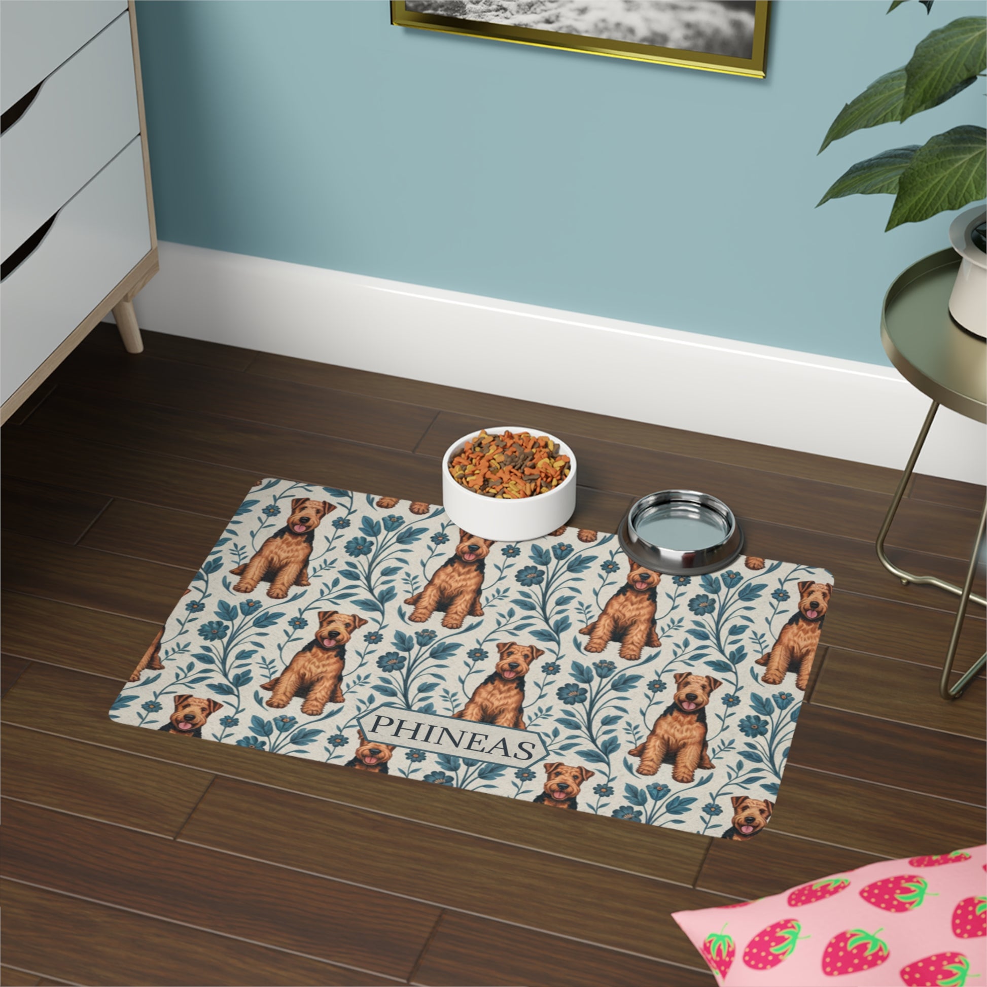 Blue Floral Pattern Airedale Pet Mat