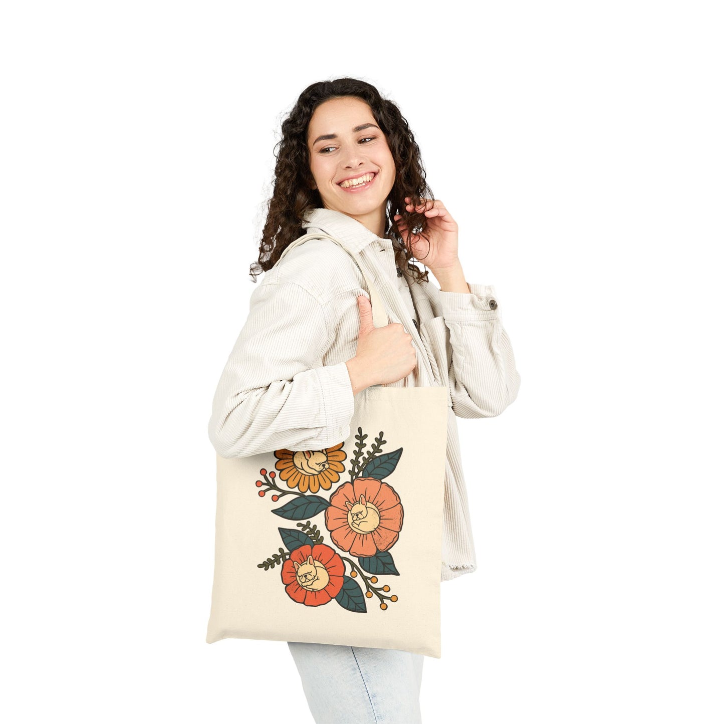 White Frenchie Sleeping Flowers Tote Bag