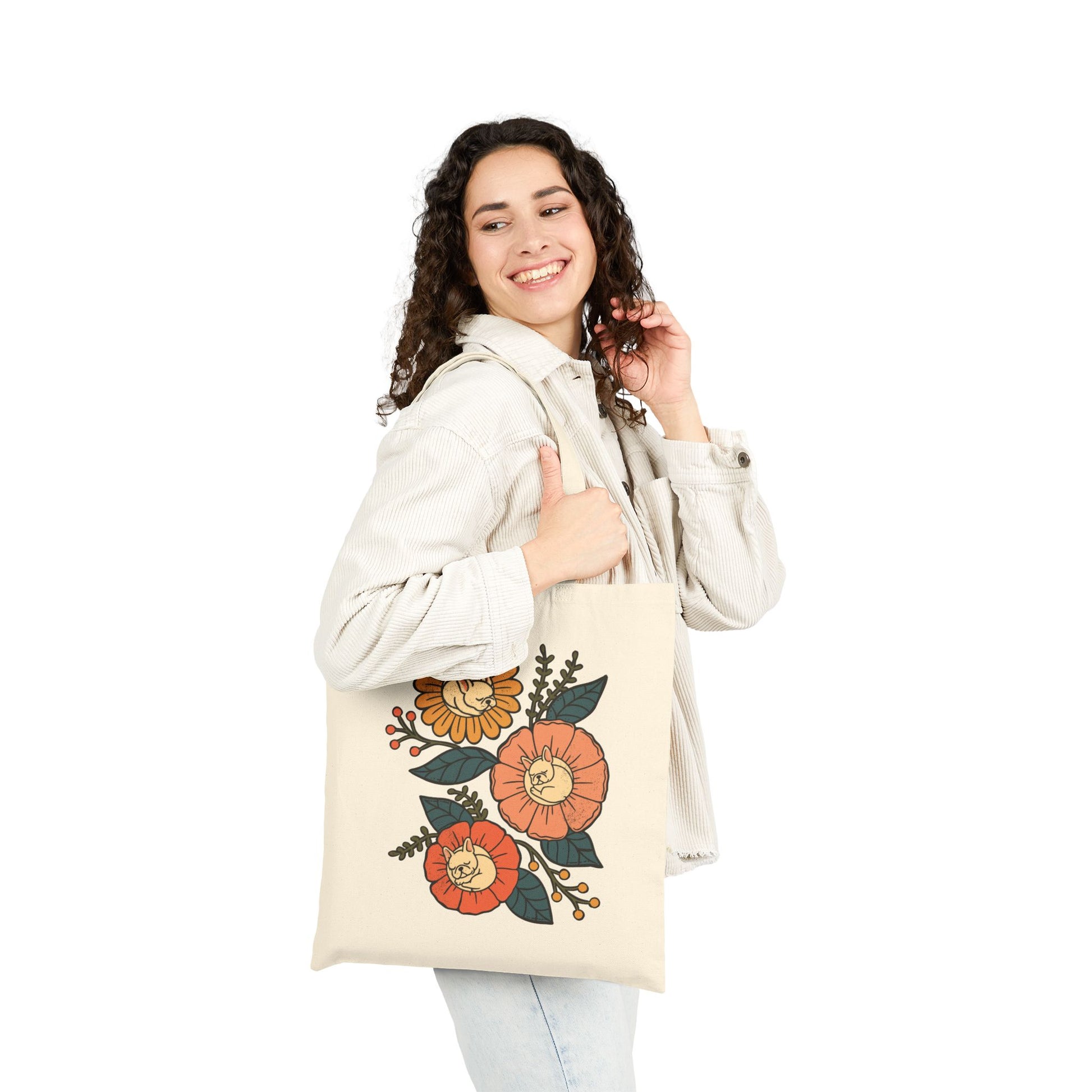 White Frenchie Sleeping Flowers Tote Bag