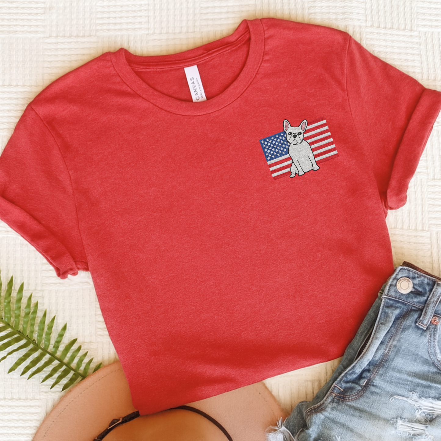 Embroidered Flag White Frenchie TShirt