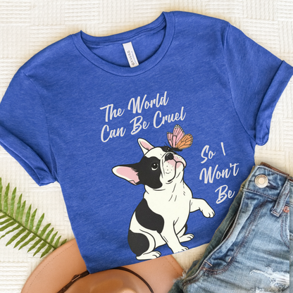 Cruel World Piebald Frenchie Tshirt Heather True Royal