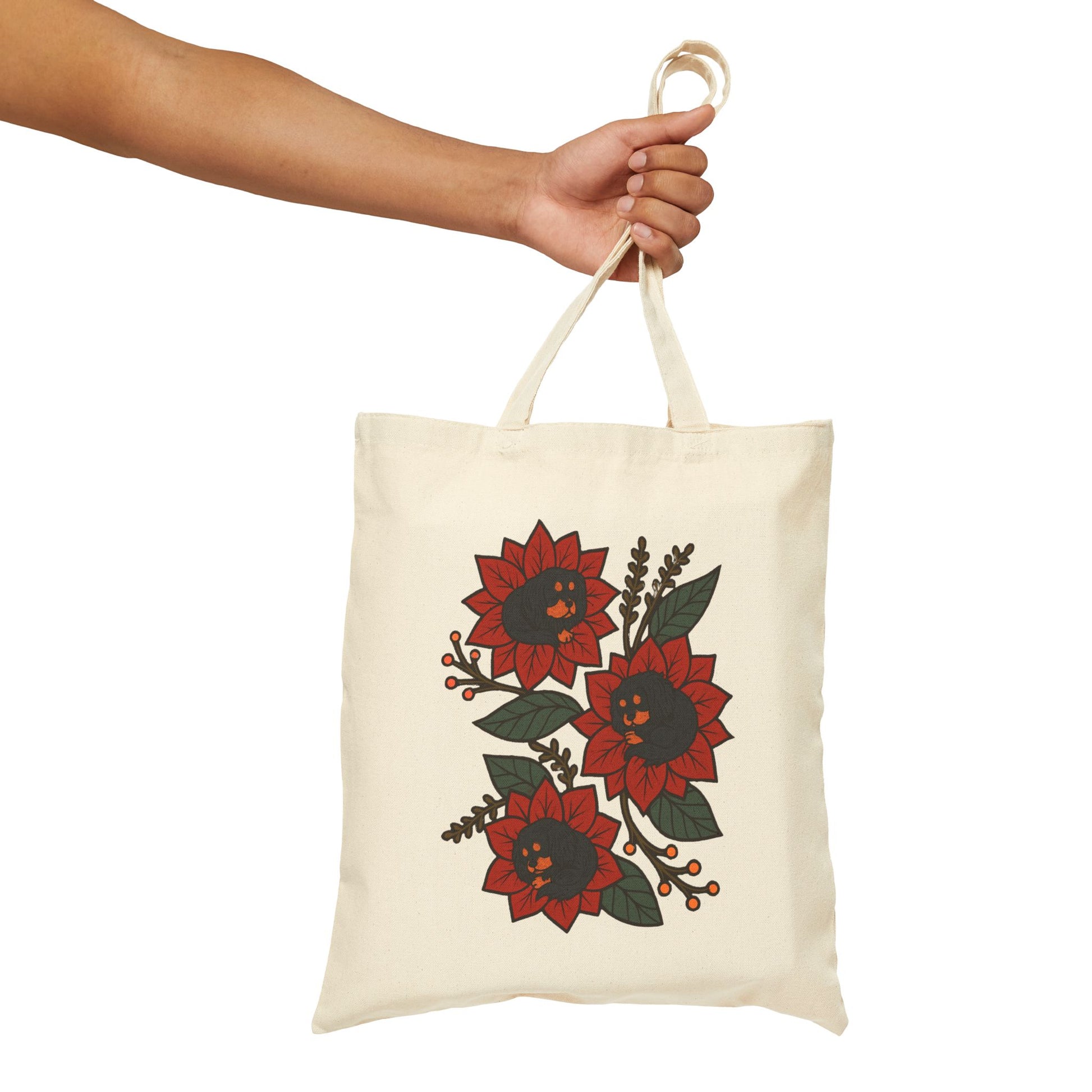 Black Tan Cavalier Holiday Flower Sleeping Tote Bag