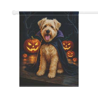 Halloween Wheaten Dog Garden Flag – Vampire Pumpkin Yard Banner, Fall Outdoor Decor