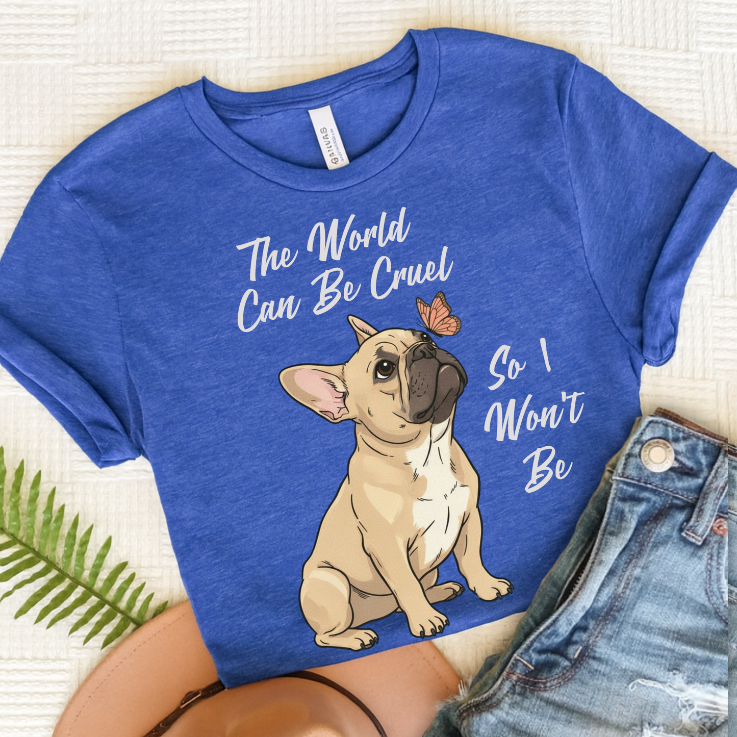 Cruel World Fawn Frenchie Tshirt Heather True Royal