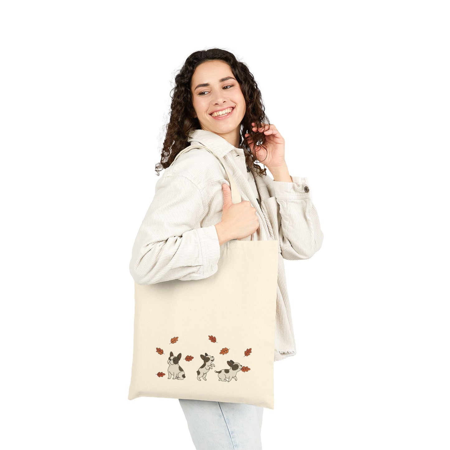 Piebald Frenchie Chasing Leaves Tote Bag