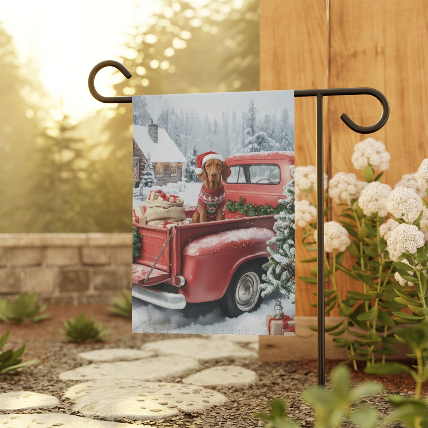 Vizsla Dog Red Truck Christmas Garden Flag