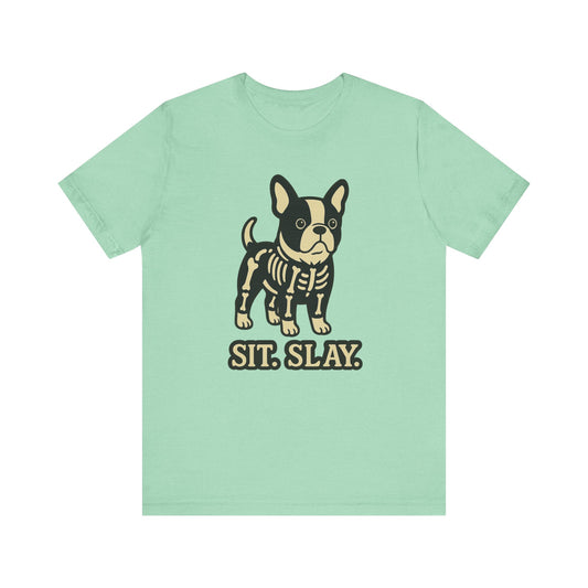 Piebald French Bulldog Stay. Slay. Halloween TShirt