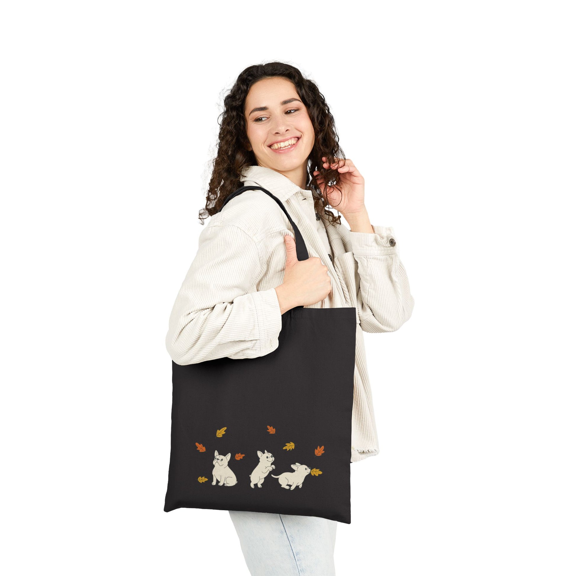 White Frenchie Chasing Leaves Tote Bag