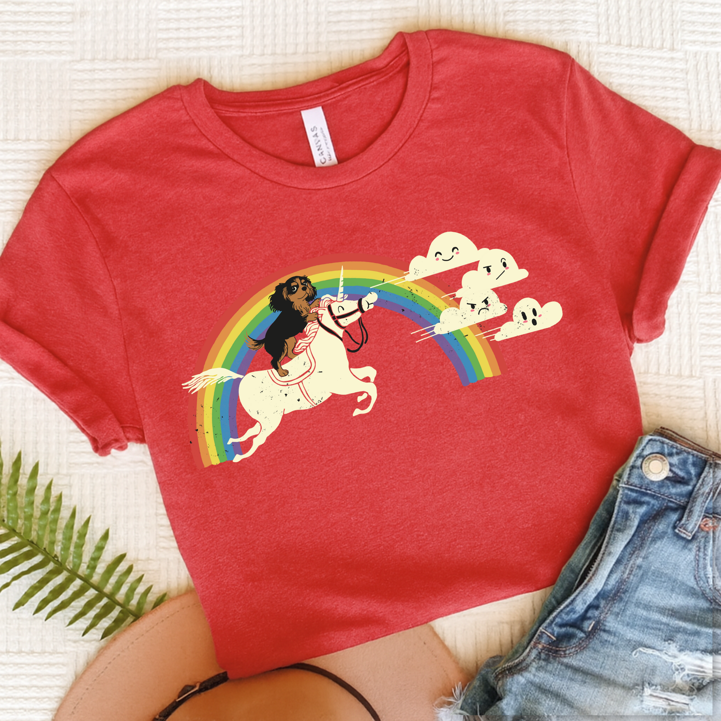 Rainbow Unicorn Black Tan Cavalier Tshirt Heather Red