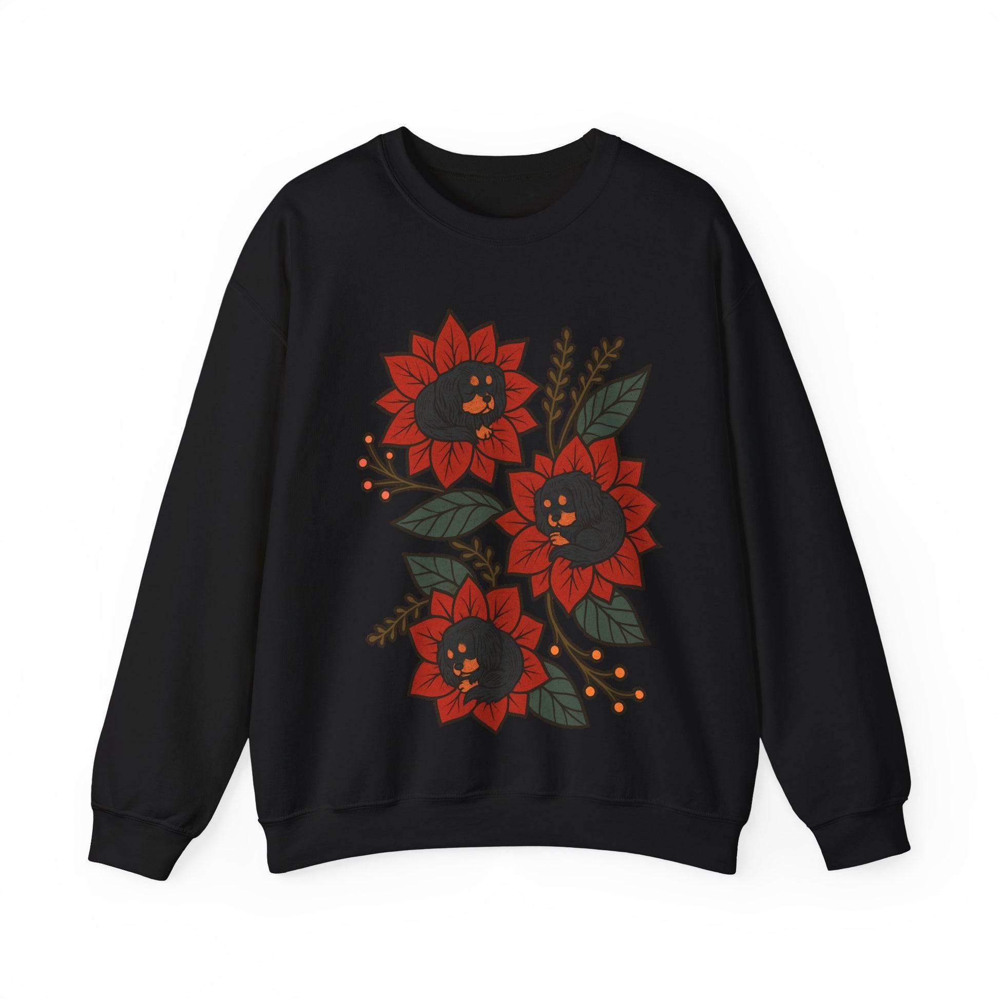 Black Tan Cavalier Christmas Flower Sweatshirt