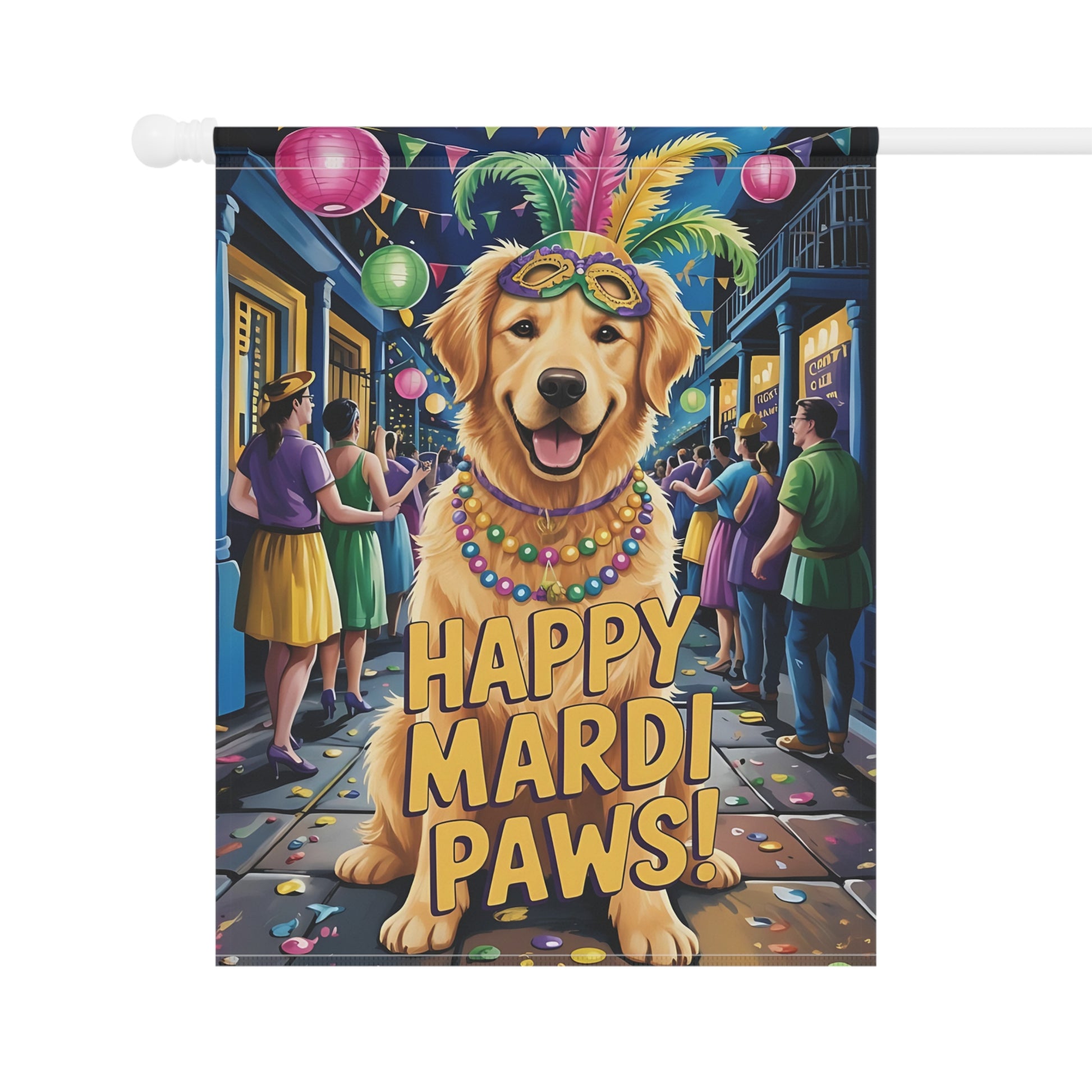 Golden Retriever Mardi Gras Paws Garden Flag