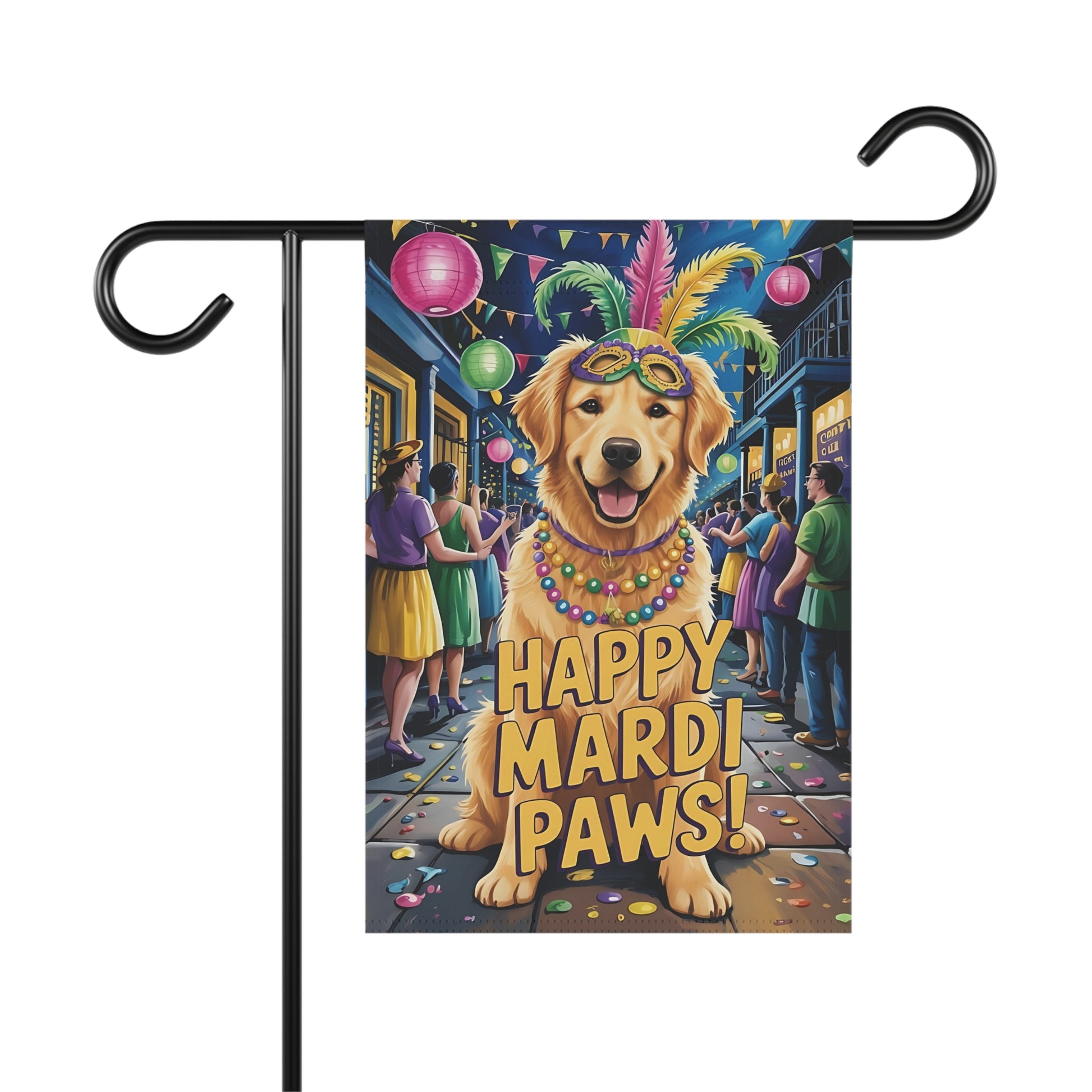 Golden Retriever Mardi Gras Paws Garden Flag