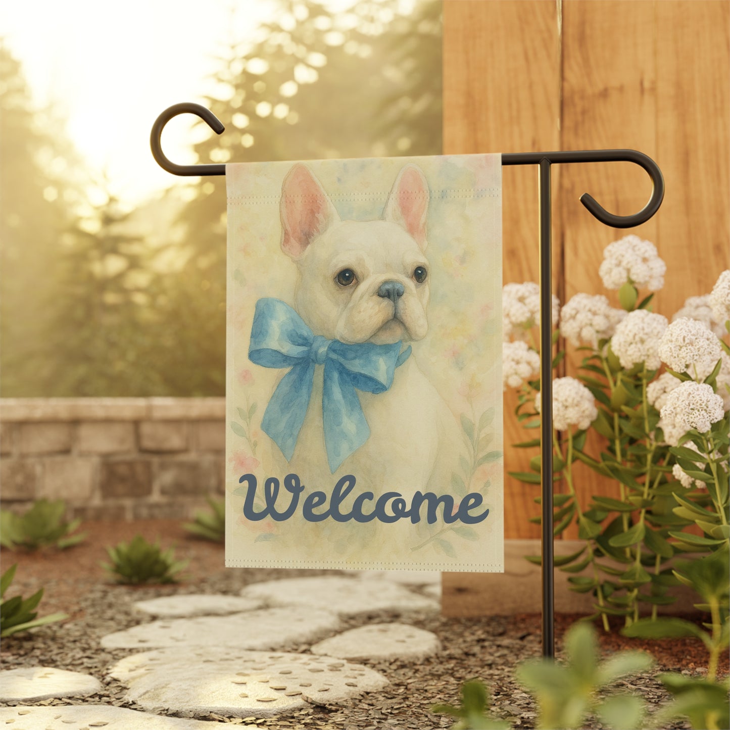 White French Bulldog Blue Coquette Garden Flag