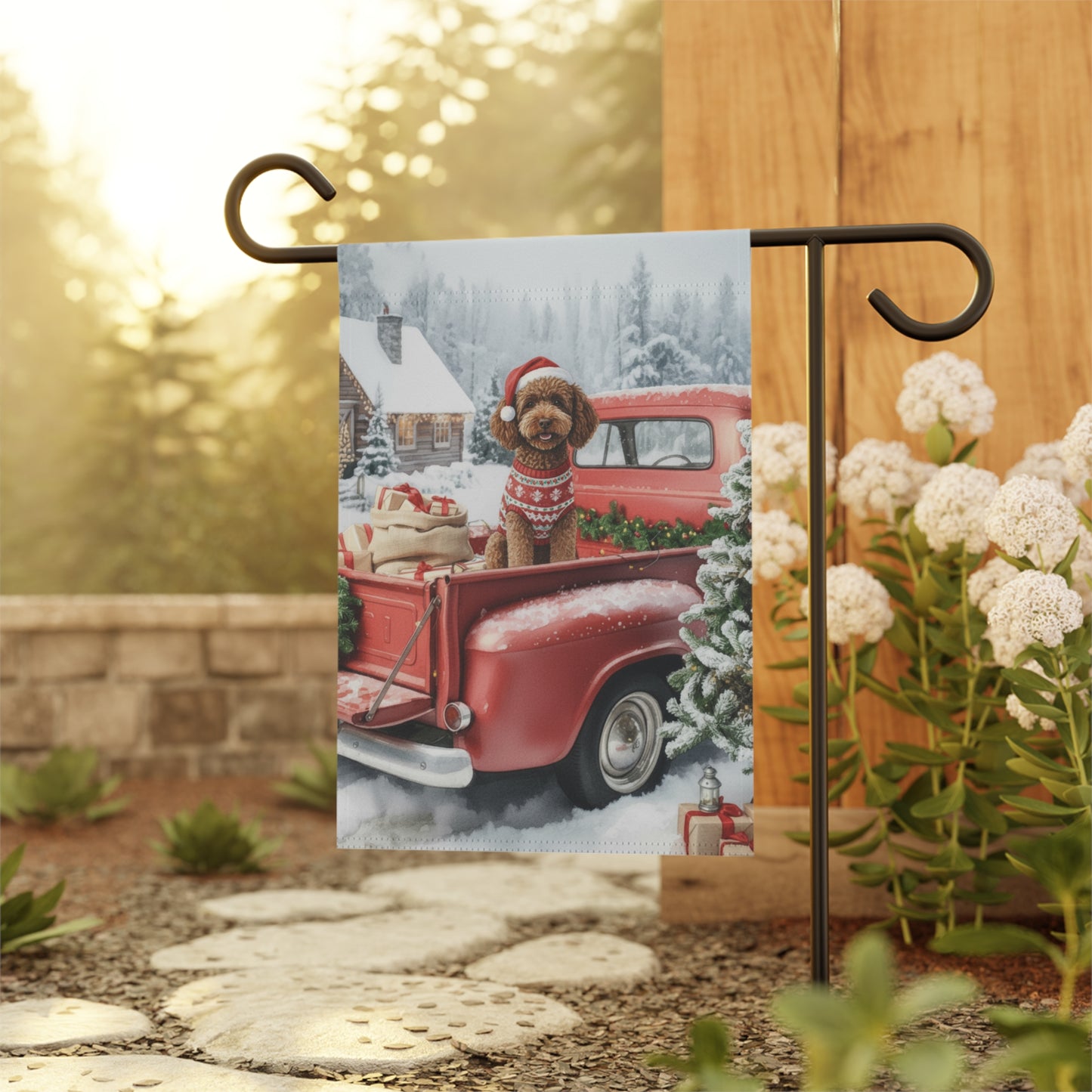 Goldendoodle Dog Red Truck Christmas Garden Flag