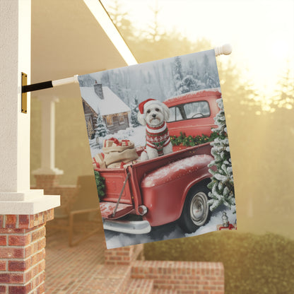 Maltese Dog Red Truck Christmas Garden Flag
