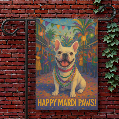 White French Bulldog Mardi Gras Paws Garden Flag