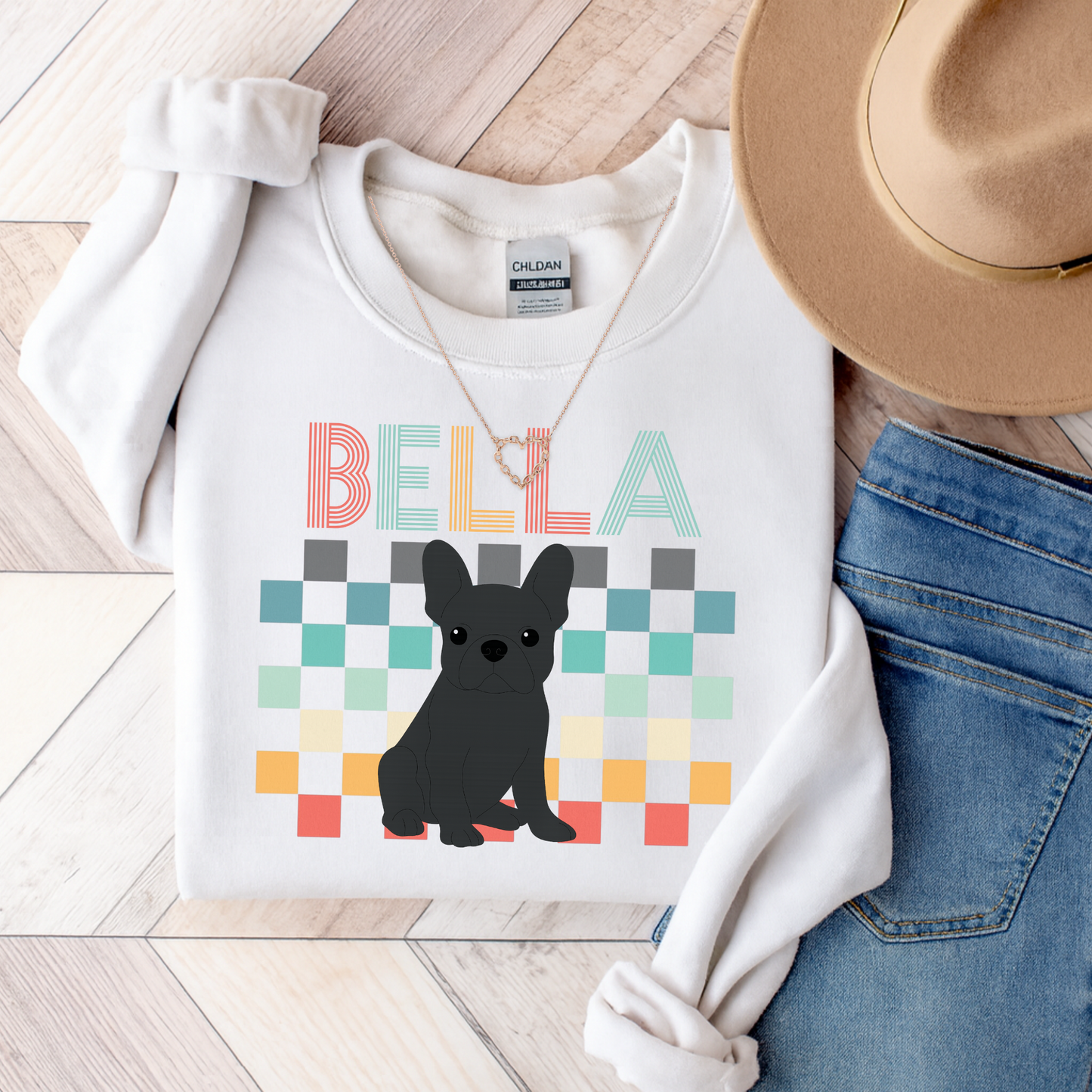 Black French Bulldog Retro Checkered Sweatshirt
