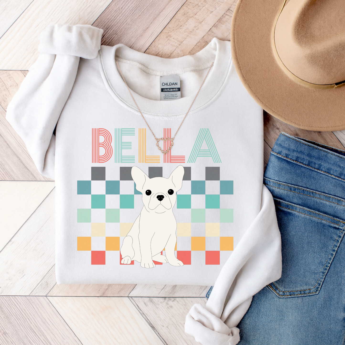 White Frenchie Checkered Sweatshirt