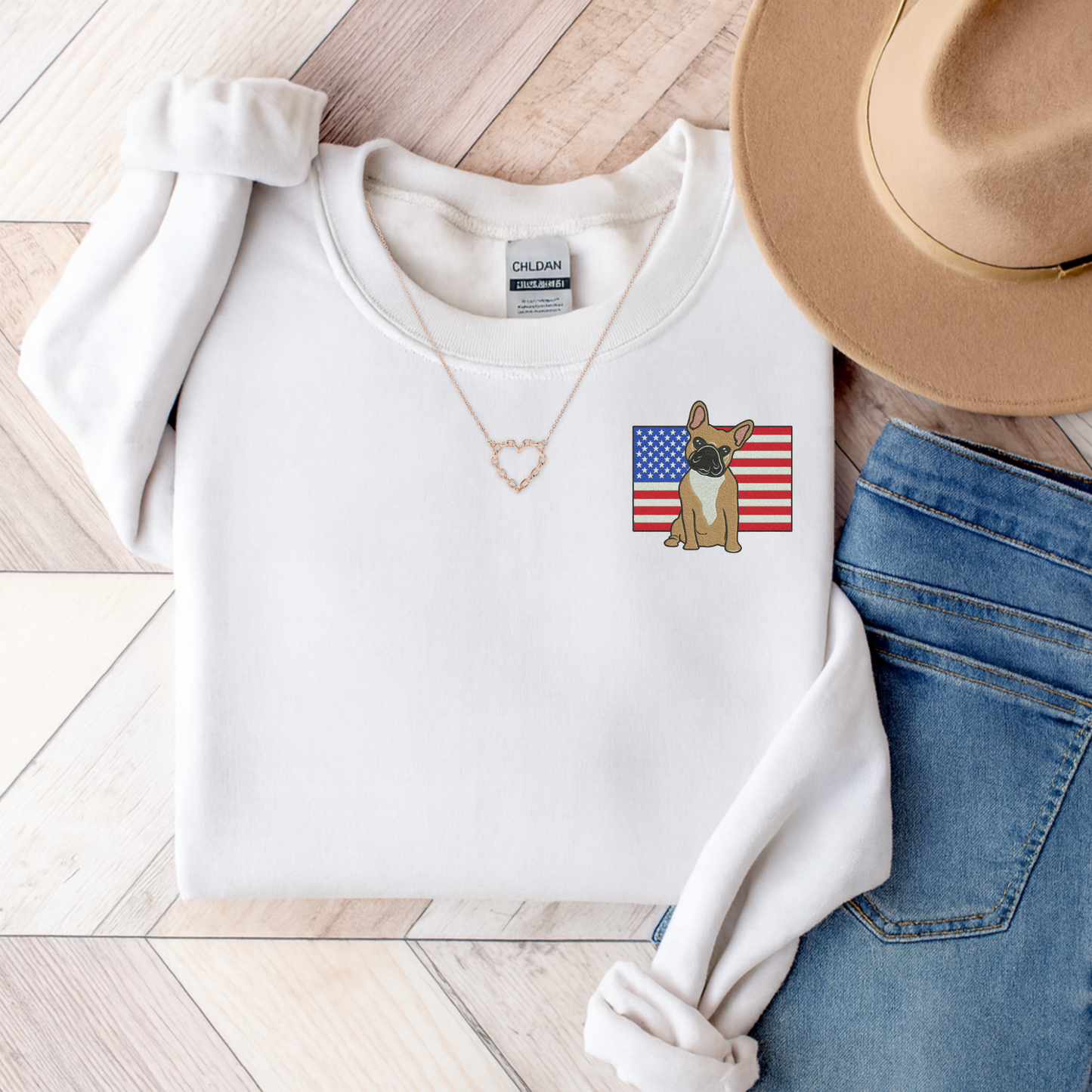 Embroidered Flag Fawn Frenchie Sweatshirt