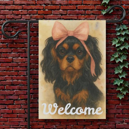 Black and Tan Cavalier Pink Coquette Garden Flag