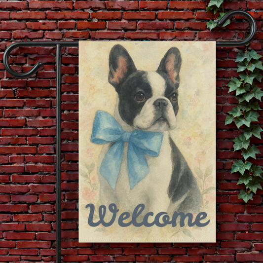 Piebald French Bulldog Blue Coquette Garden Flag