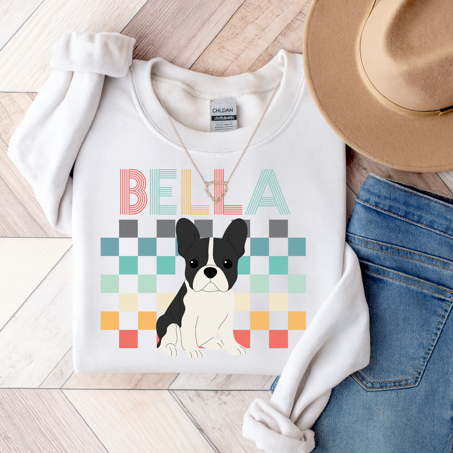 Piebald French Bulldog Retro Checkered Sweatshirt