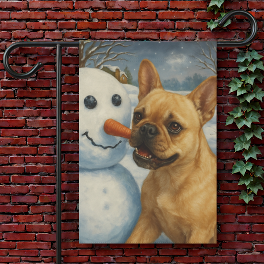 Fawn French Bulldog Snowman Garden Flag