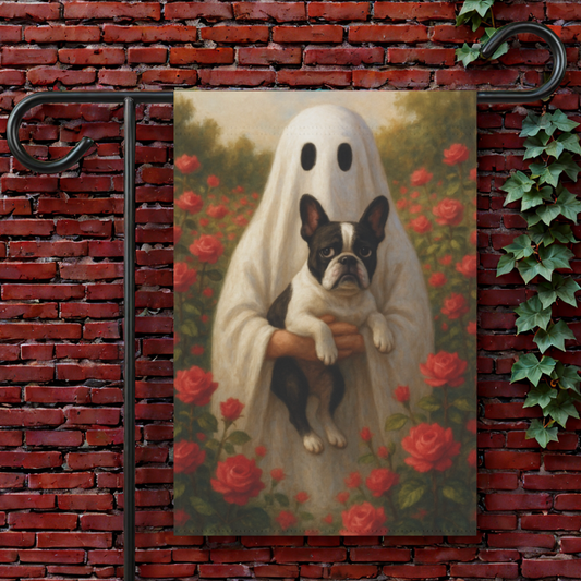 Piebald French Bulldog Ghostie Halloween Garden Flag