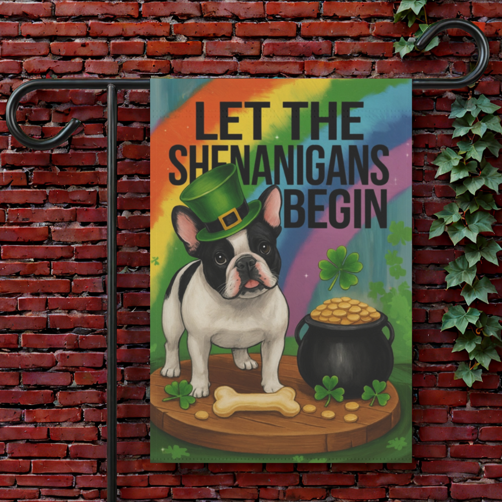 Piebald French Bulldog Saint Patricks Day Garden Flag