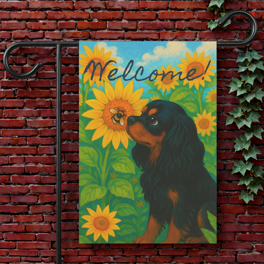 Black and Tan Cavalier Sunflower Garden Flag