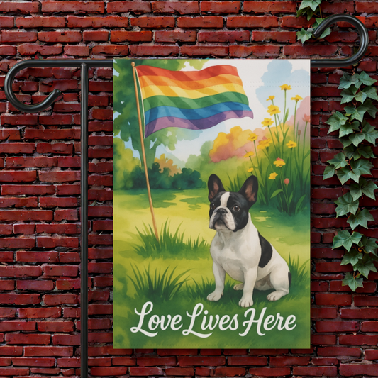 LGBTQ+ Pride Piebald French Bulldog Garden Flag