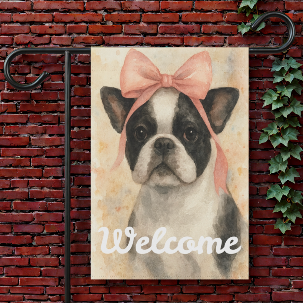Piebald French Bulldog Pink Coquette Garden Flag