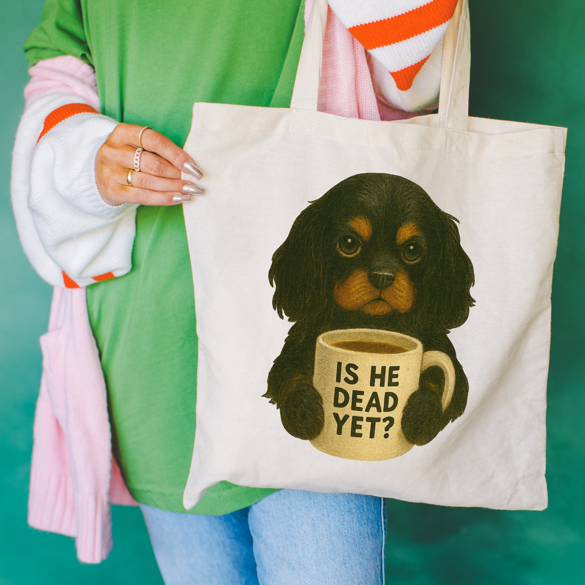 Black Tan Cavalier Dead Yet Tote Bag Natural 15" x 16"