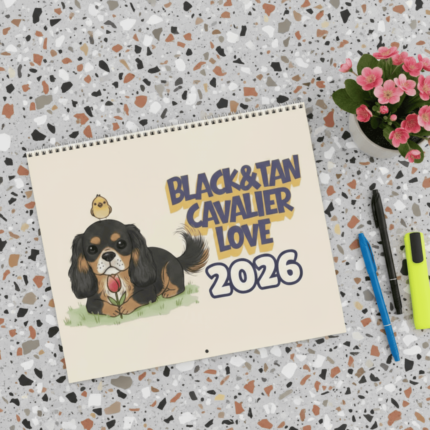 2026 Affirmations Black and Tan Cavalier Wall Calendar 14" x 11.5" Matte