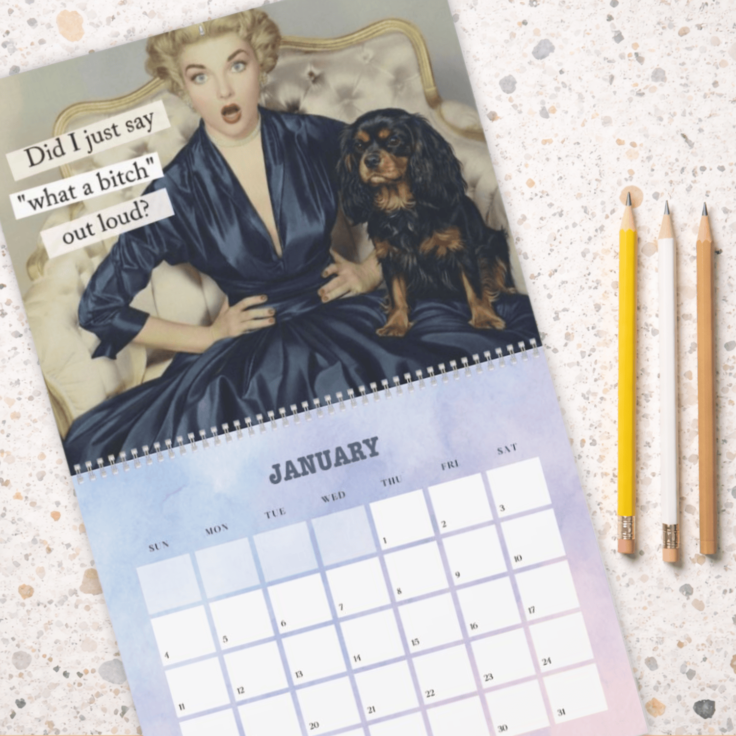 2026 Black and Tan Cavalier Snarky Sassy Wall Calendar 14" x 11.5" Matte