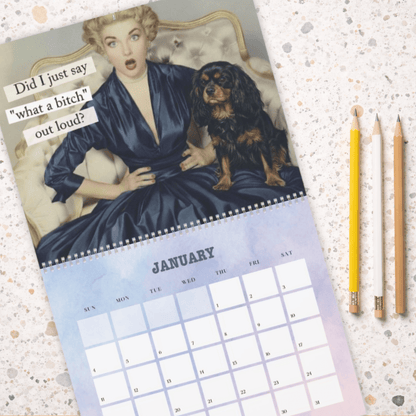 2026 Black and Tan Cavalier Snarky Sassy Wall Calendar 14" x 11.5" Matte