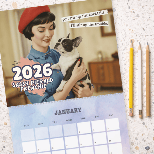 2026 Piebald Frenchie Snarky Sassy Wall Calendar 14" x 11.5" Matte