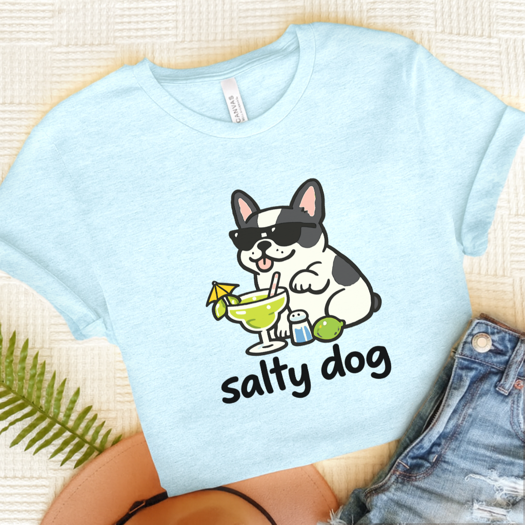 Piebald French Bulldog Salty Dog Vacation Unisex TShirt Heather Ice Blue
