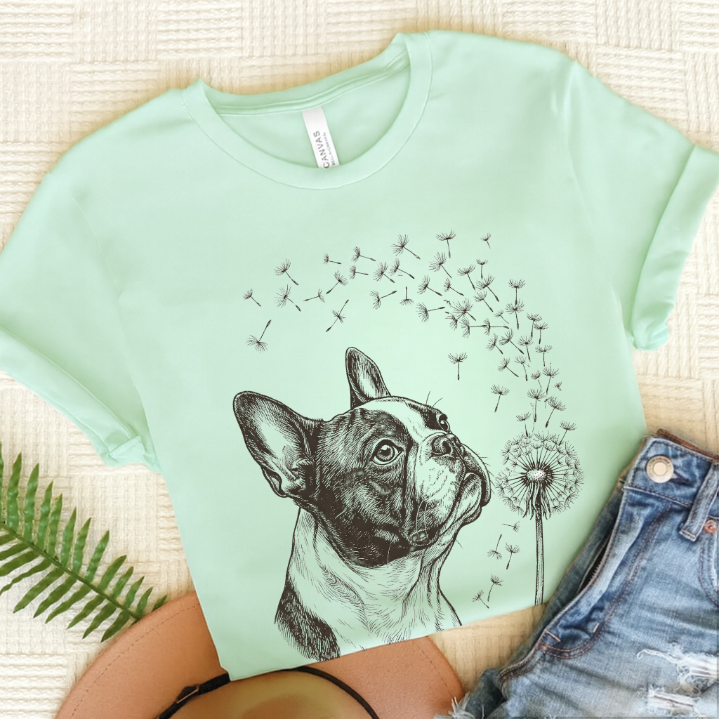French Bulldog Dandelion Gardening Unisex TShirt Heather Mint