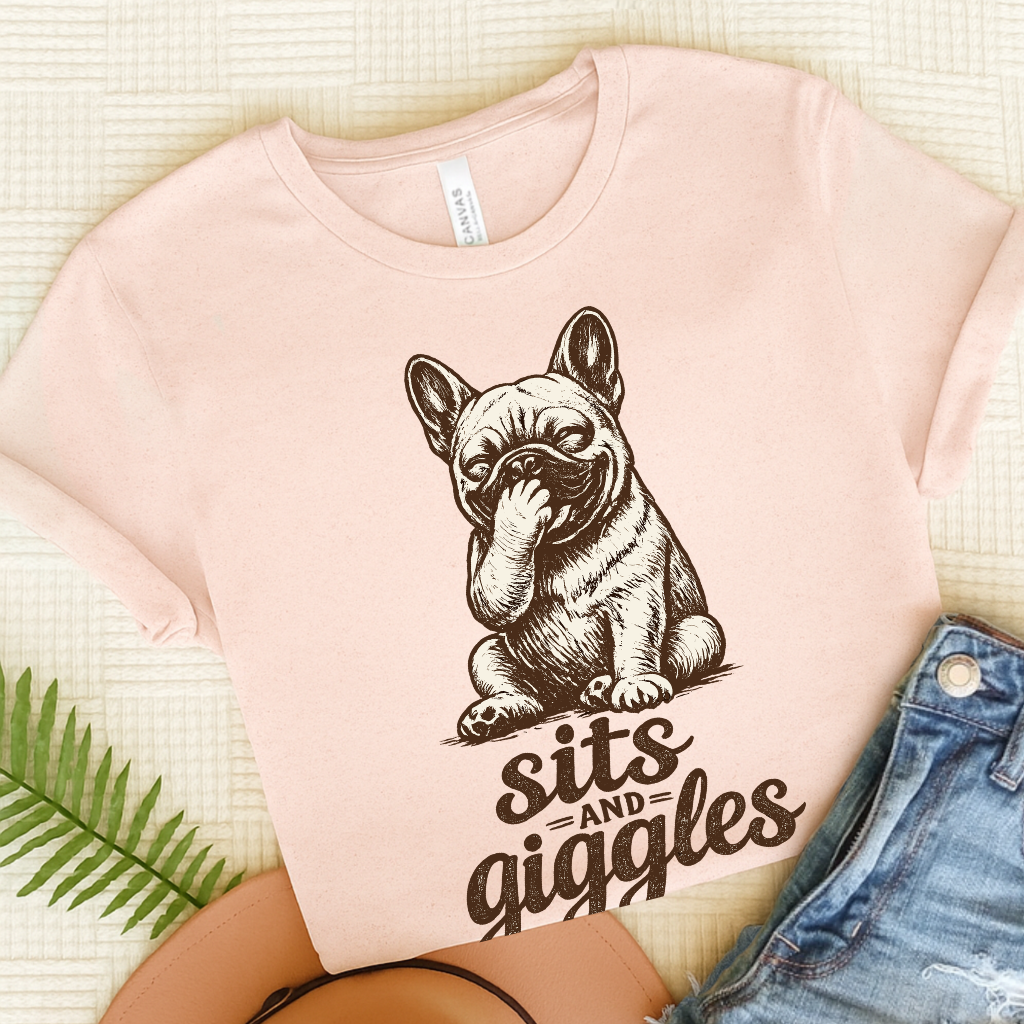 French Bulldog Sits and Giggles Unisex TShirt Soft Pink
