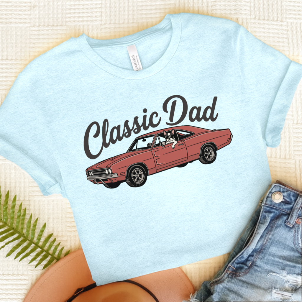 French Bulldog Classic Car Dad Unisex TShirt Heather Ice Blue