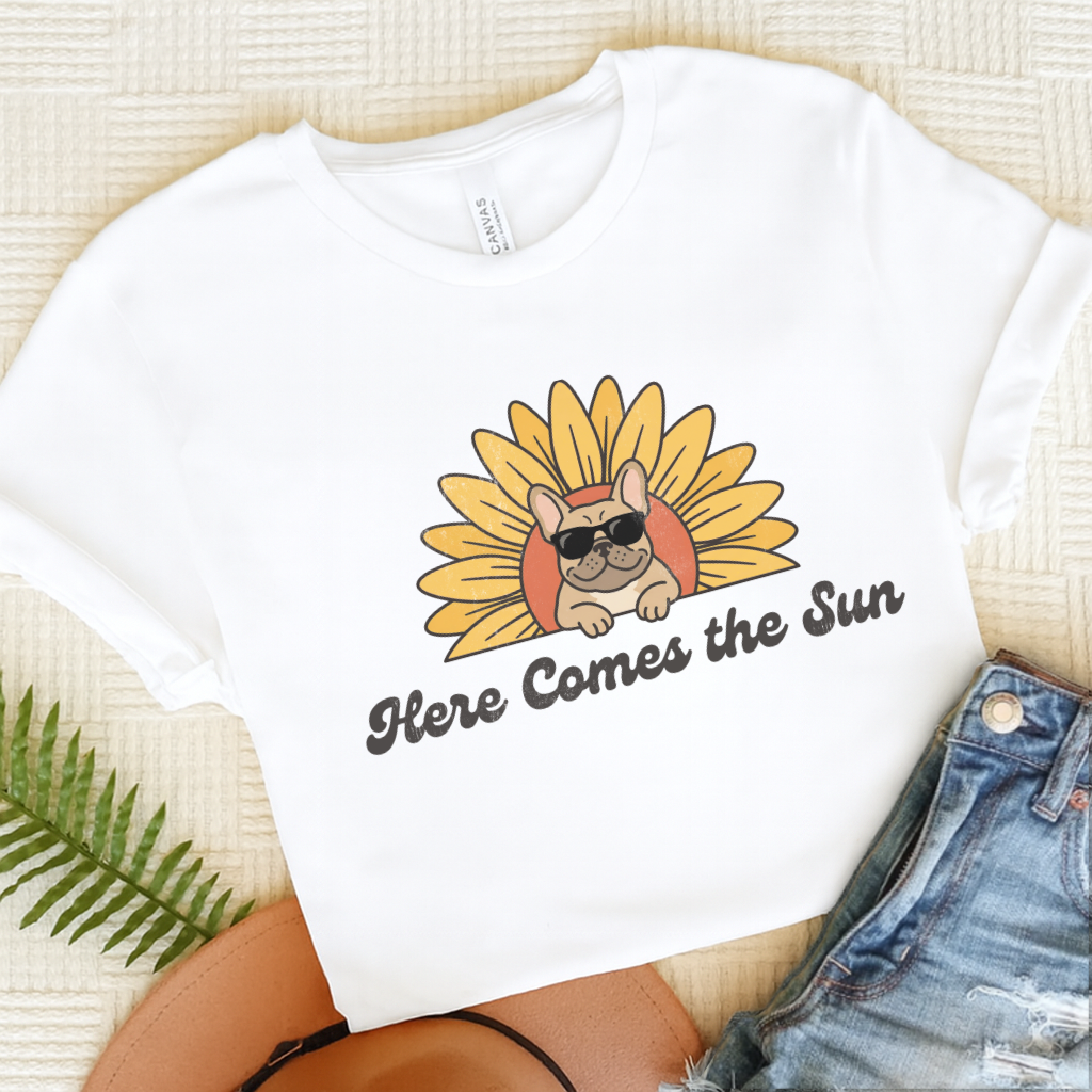 French Bulldog Sunflower Here Comes the Sun Unisex TShirt White