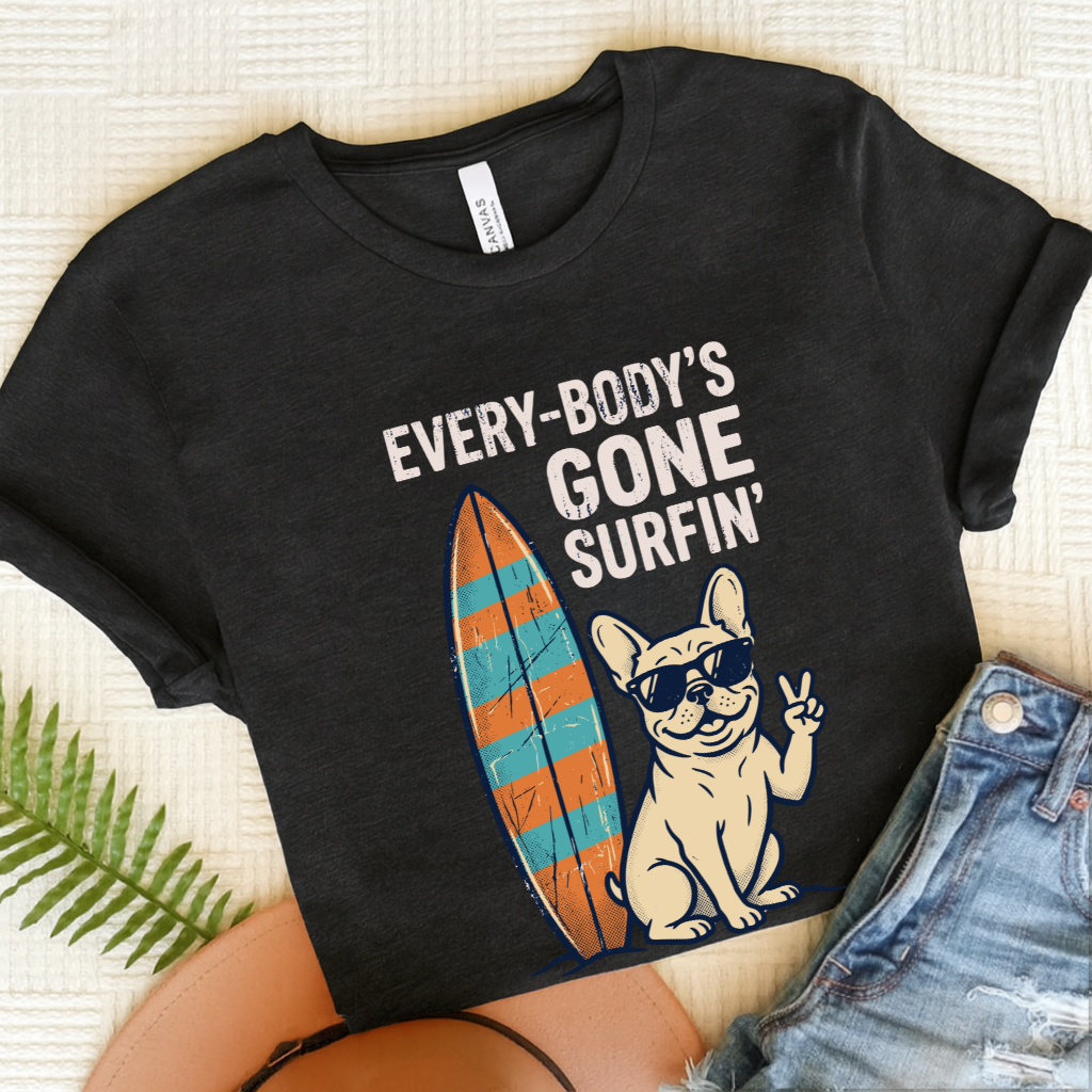 French Bulldog Beach Surfing Unisex Tshirt Dark Grey Heather