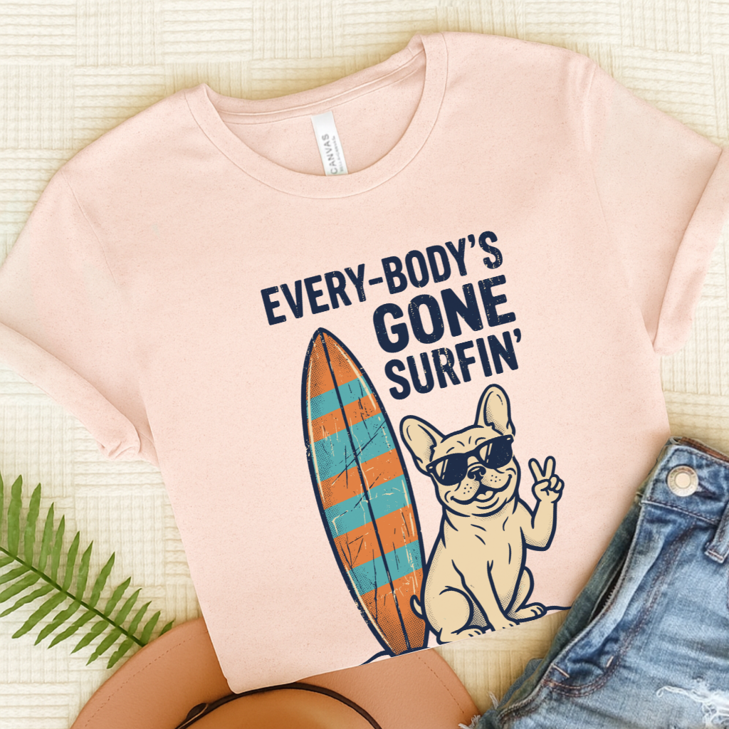 French Bulldog Beach Surfing Unisex Tshirt Soft Pink