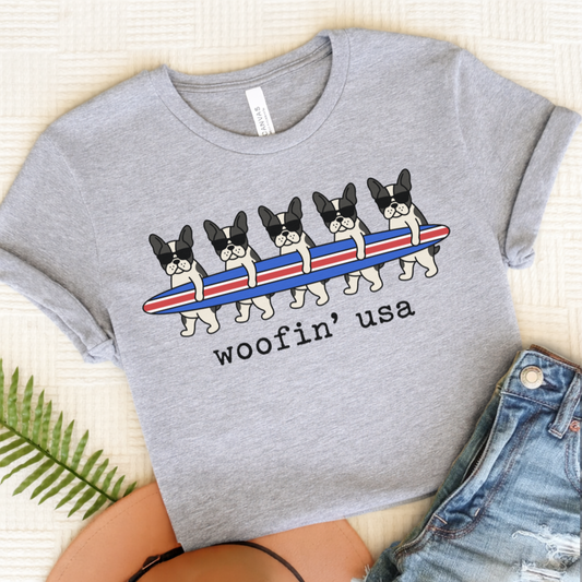 French Bulldog Beach Surfing USA Unisex Tshirt Athletic Heather