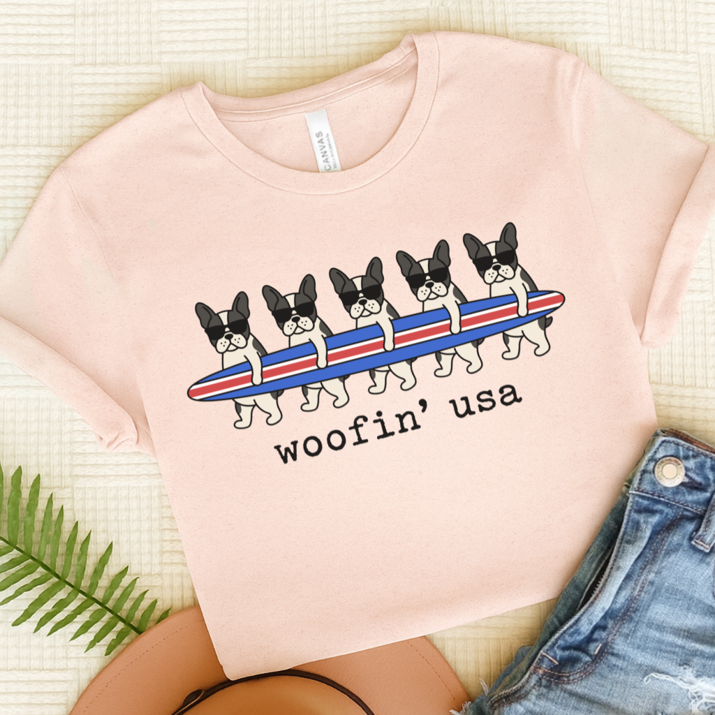 French Bulldog Beach Surfing USA Unisex Tshirt Soft Pink