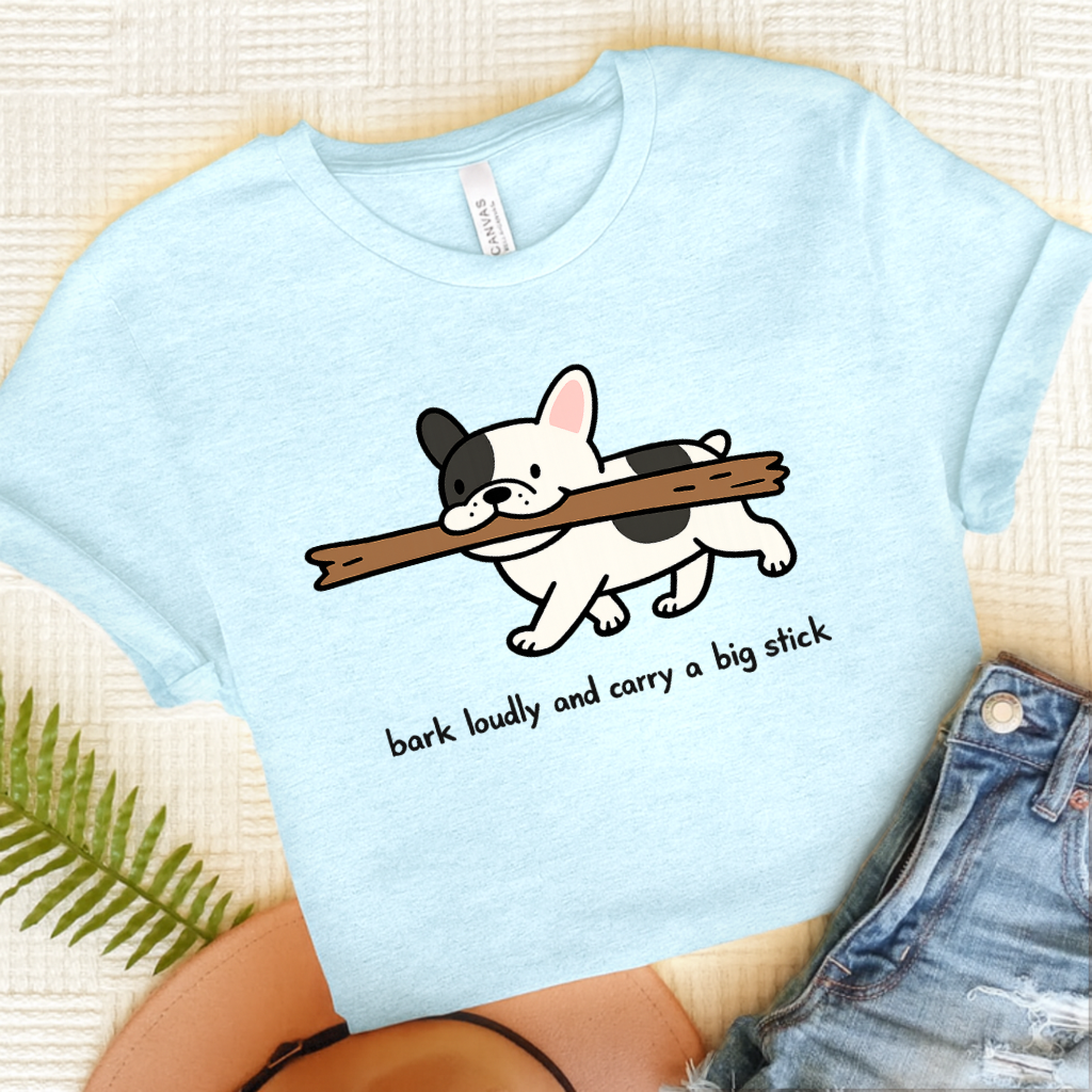 French Bulldog Carry Big Stick Unisex TShirt Heather Ice Blue