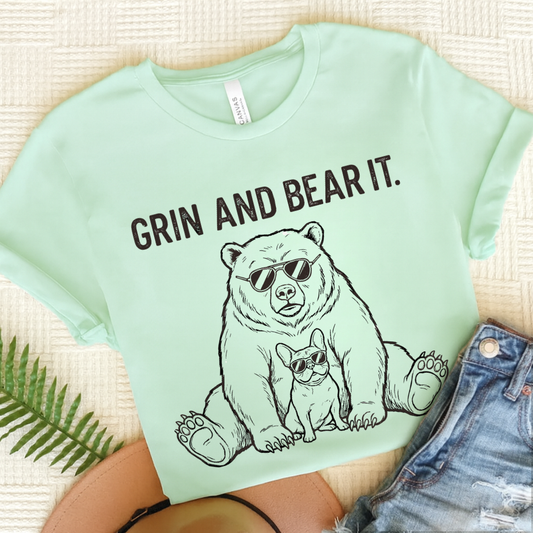 French Bulldog Grin Bear It Unisex TShirt Heather Mint